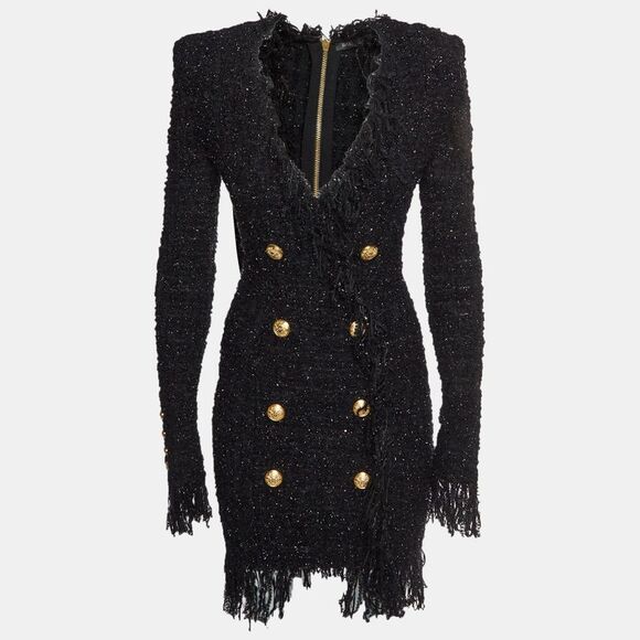 Balmain Dresses & Skirts - Balmain Black Metallic Bouclé Tweed Fringed Mini Dress S